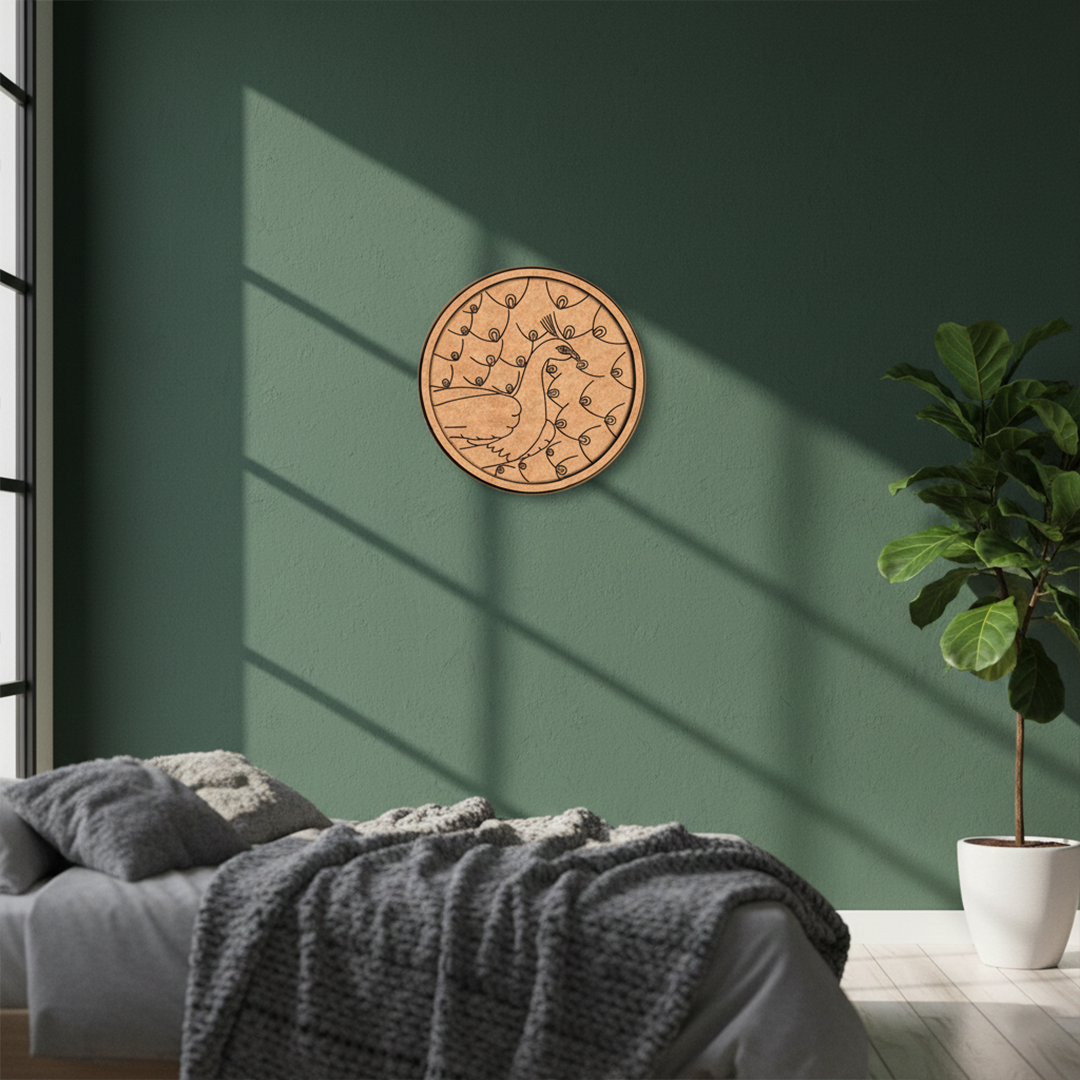 MDF Bordered Pre Marked Full Feather Peacock Base round board with engraved peacock feather design hanging on a wall