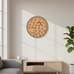 MDF Bordered Pre Marked Full Feather Peacock Base round board with engraved peacock feather design hanging on a wall