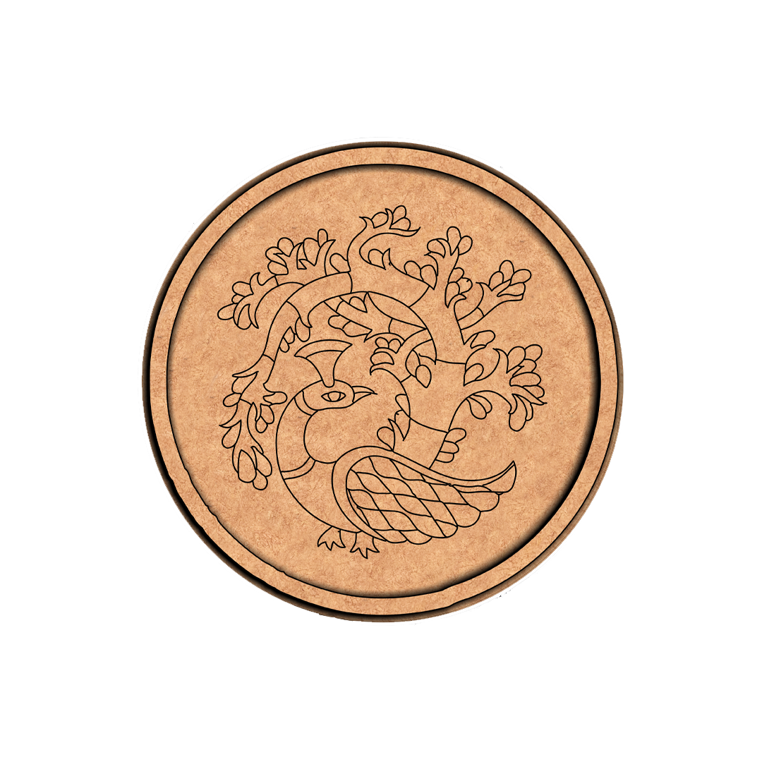 MDF Bordered Pre Marked Peacock Tree Art Base round board with engraved peacock and tree design