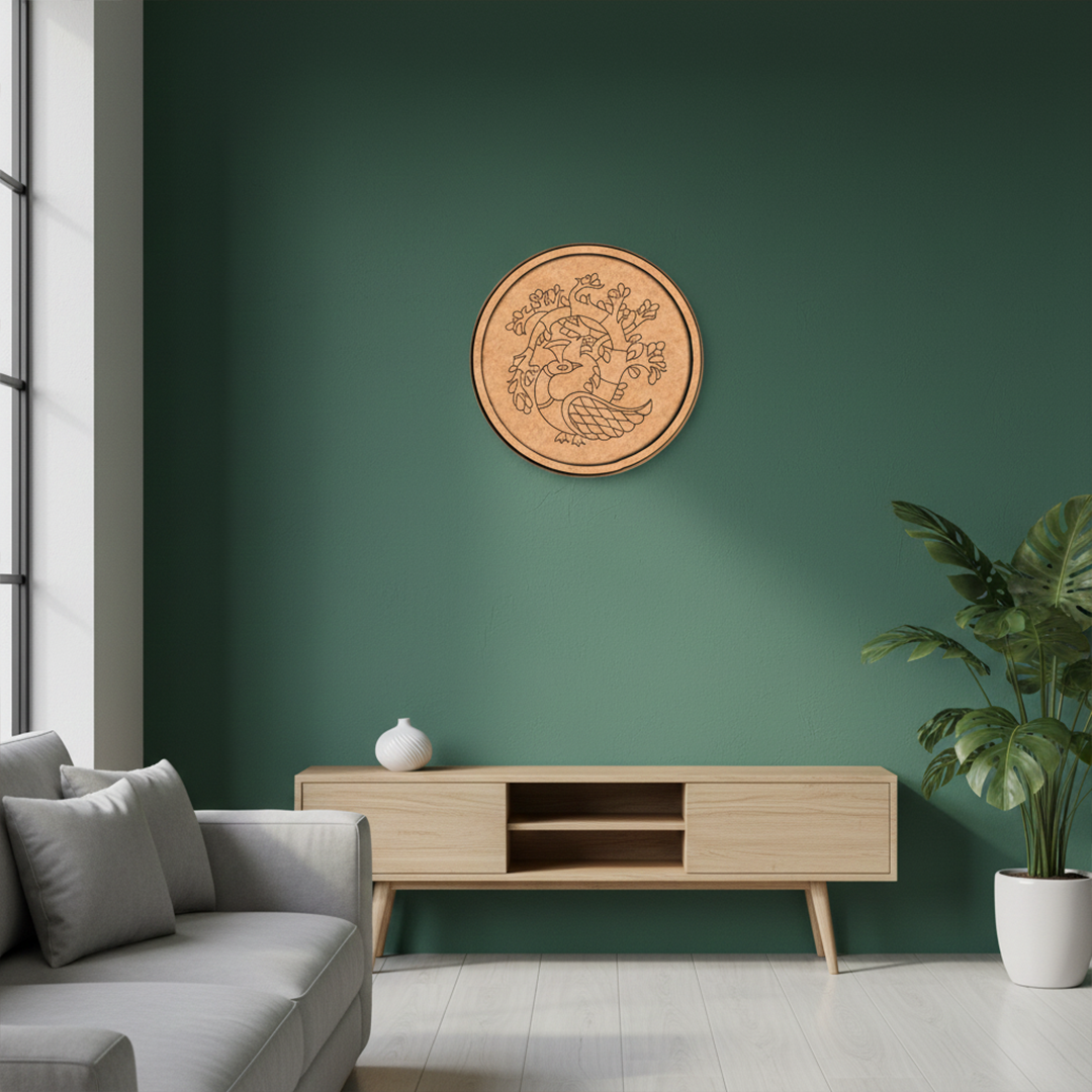 MDF Bordered Pre Marked Peacock Tree Art Base round board with engraved peacock and tree design hanging on a wall
