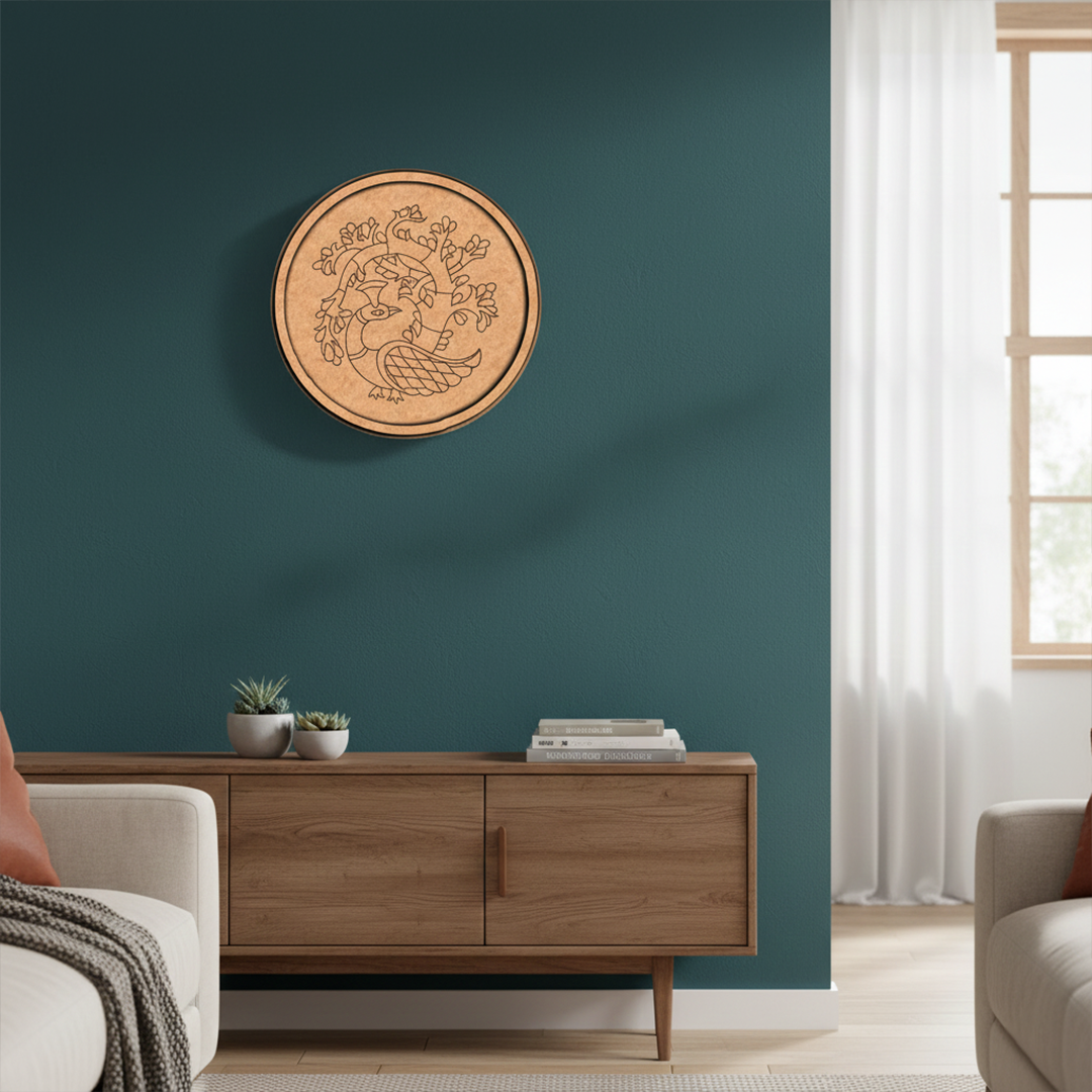 MDF Bordered Pre Marked Peacock Tree Art Base round board with engraved peacock and tree design hanging on a wall