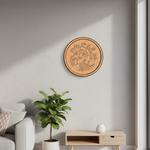 MDF Bordered Pre Marked Peacock Tree Art Base round board with engraved peacock and tree design hanging on a wall
