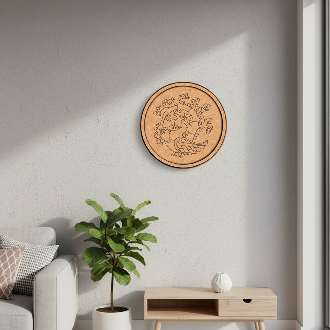 MDF Bordered Pre Marked Peacock Tree Art Base round board with engraved peacock and tree design hanging on a wall