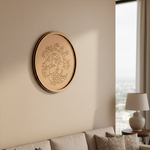 MDF Bordered Pre Marked Peacock Tree Art Base round board with engraved peacock and tree design hanging on a wall