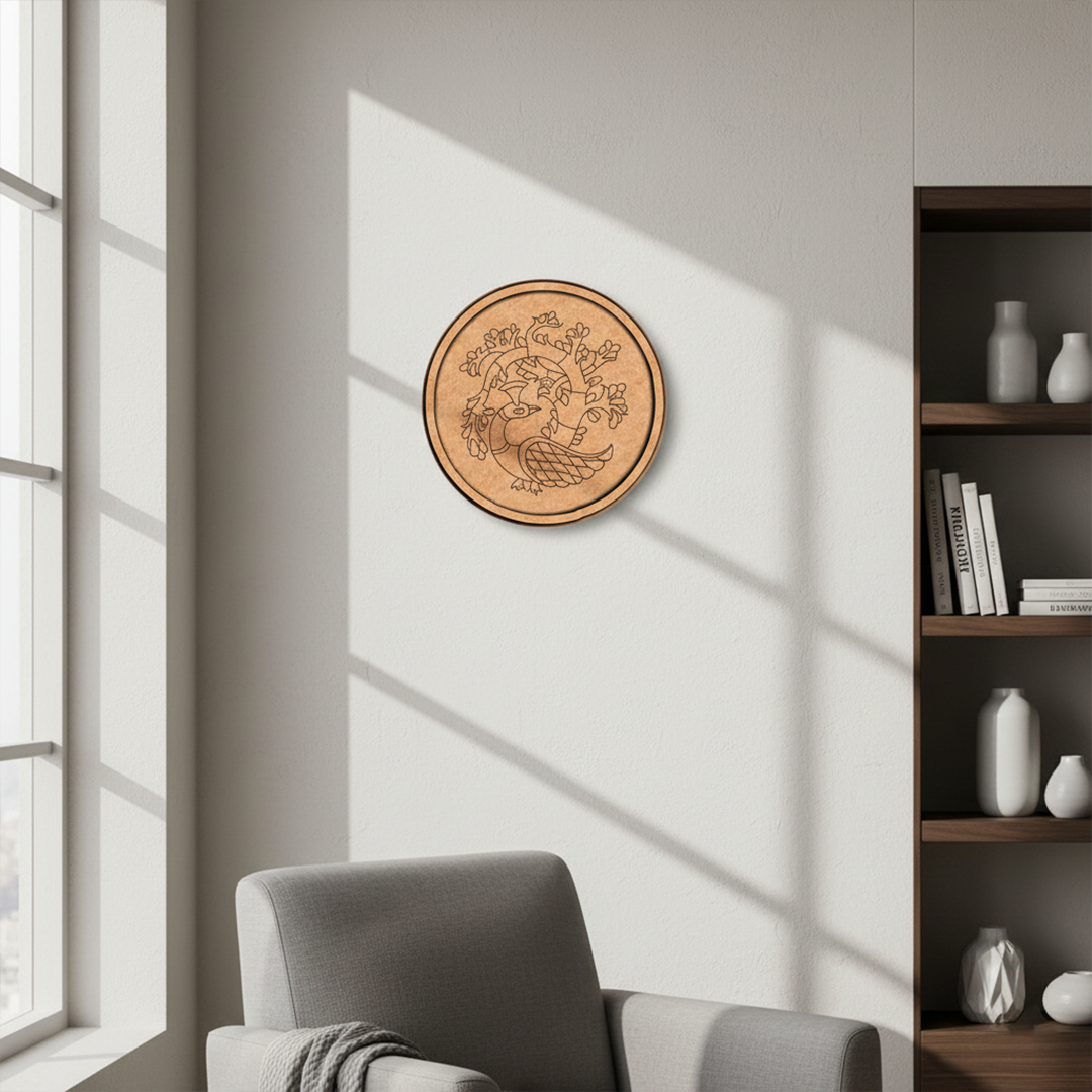 MDF Bordered Pre Marked Peacock Tree Art Base round board with engraved peacock and tree design hanging on a wall