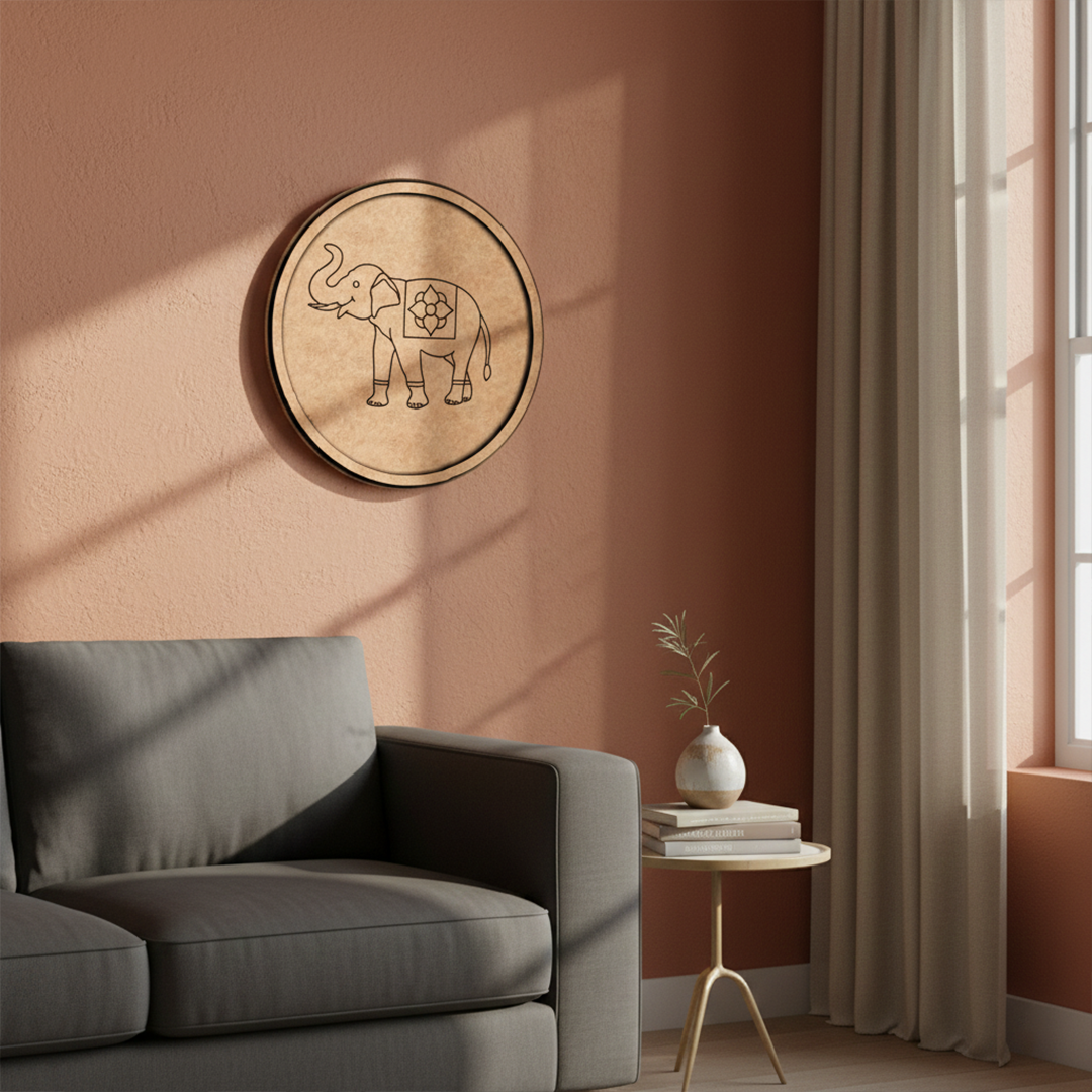 MDF Bordered Pre Marked Elephant Floral Base round board with engraved elephant design hanging on wall