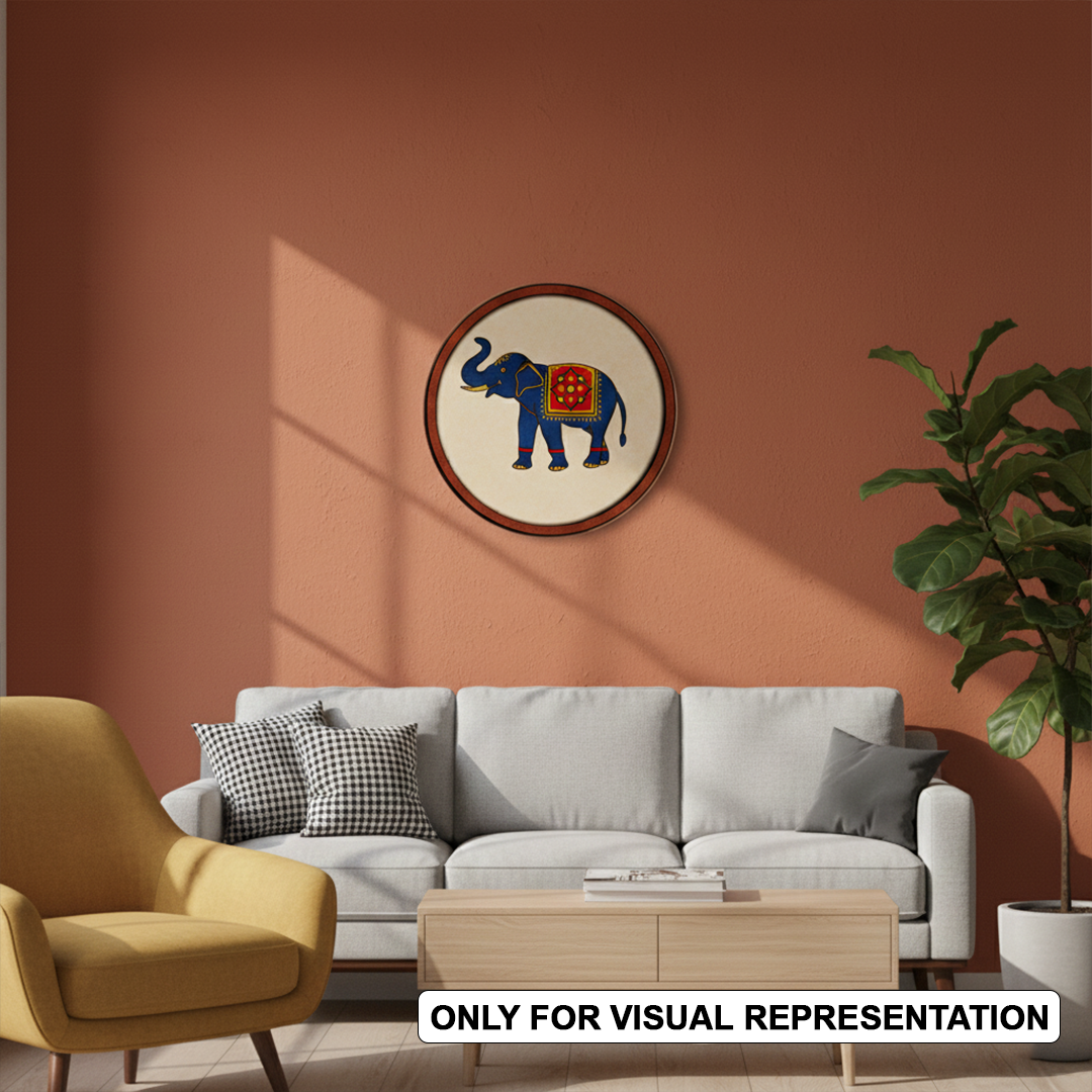 MDF Bordered painted Pre Marked Elephant Floral Base round board with engraved elephant design hanging on wall