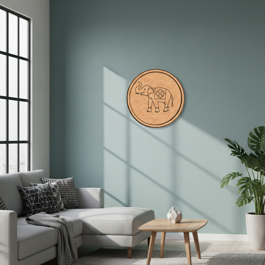 MDF Bordered Pre Marked Elephant Floral Base round board with engraved elephant design hanging on wall