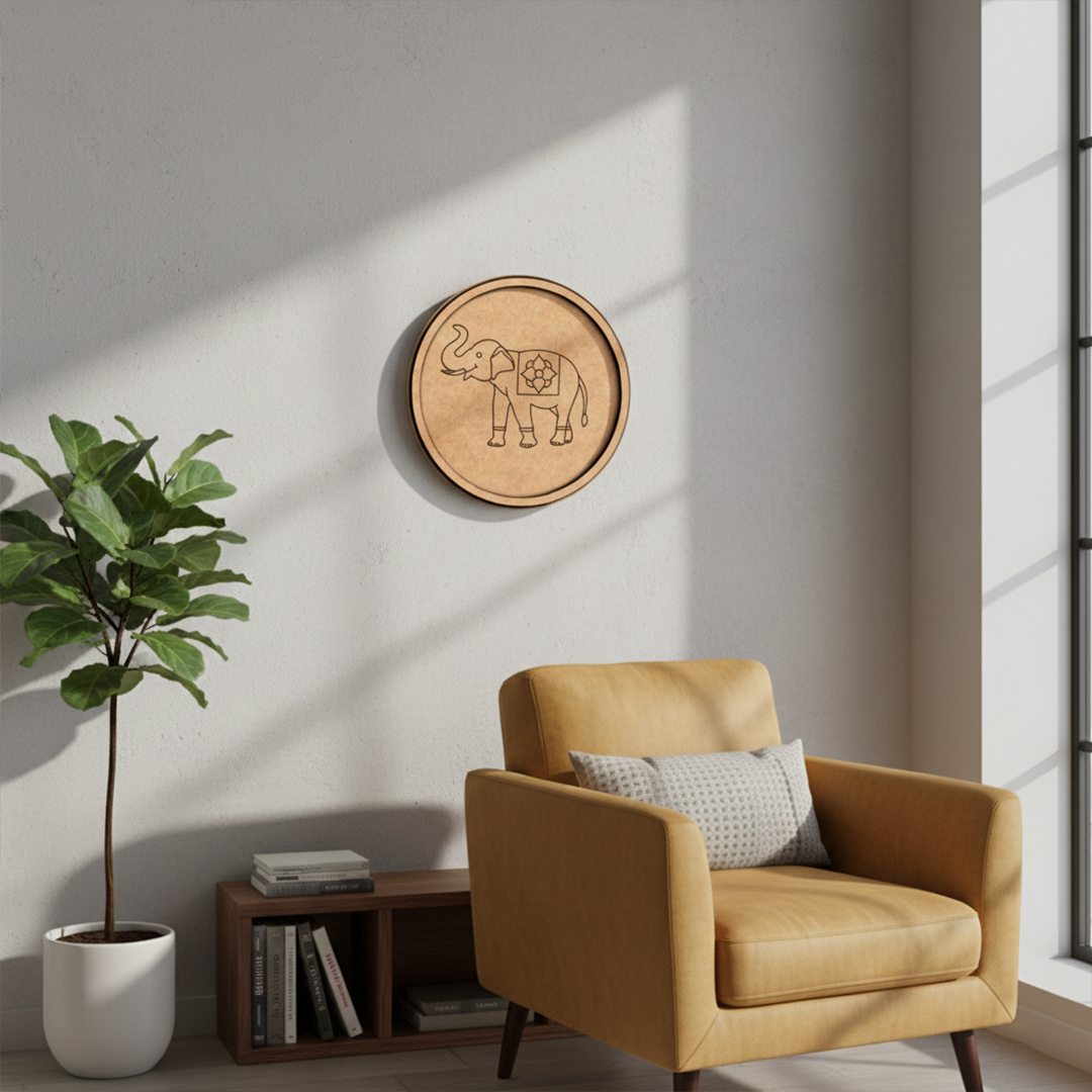MDF Bordered Pre Marked Elephant Floral Base round board with engraved elephant design hanging on wall