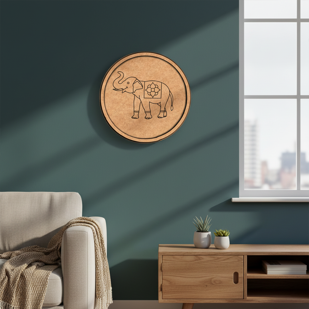 MDF Bordered Pre Marked Elephant Floral Base round board with engraved elephant design hanging on wall