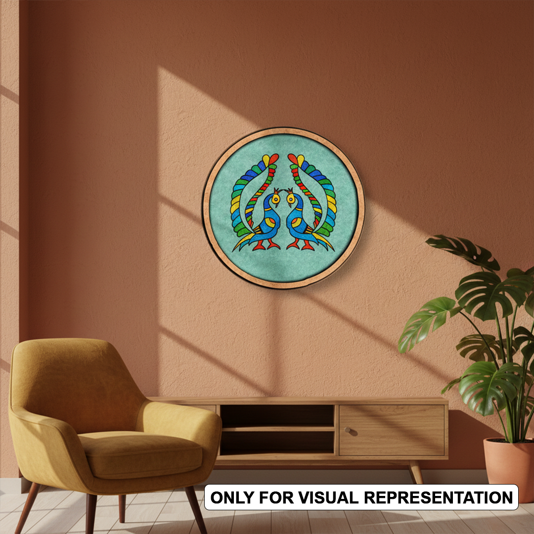 MDF Bordered painted  Pre Marked Twin Peacock Base round board with engraved symmetrical peacock design hanging on a wall