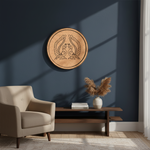 MDF Bordered Pre Marked Twin Peacock Base round board with engraved symmetrical peacock design hanging on a wall