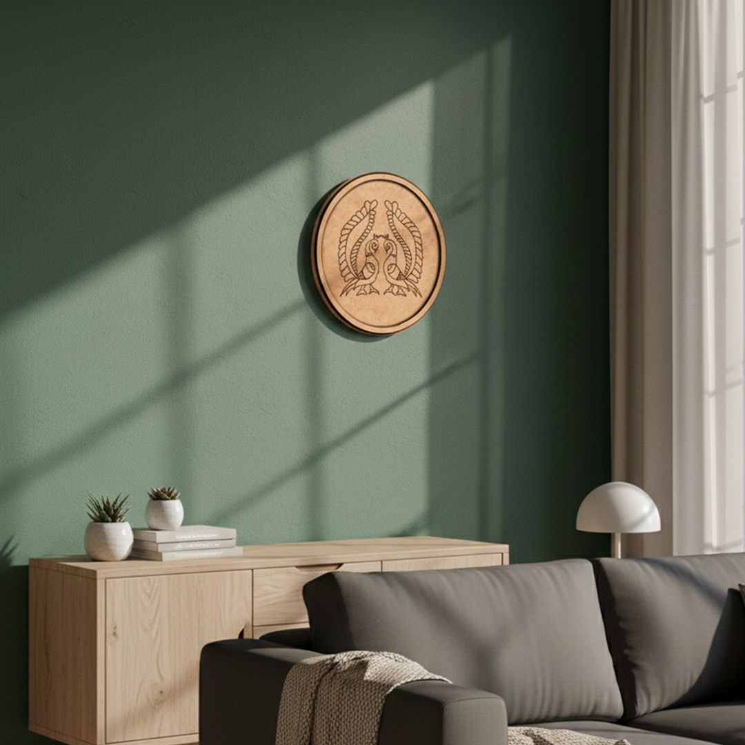 MDF Bordered Pre Marked Twin Peacock Base round board with engraved symmetrical peacock design hanging on a wall