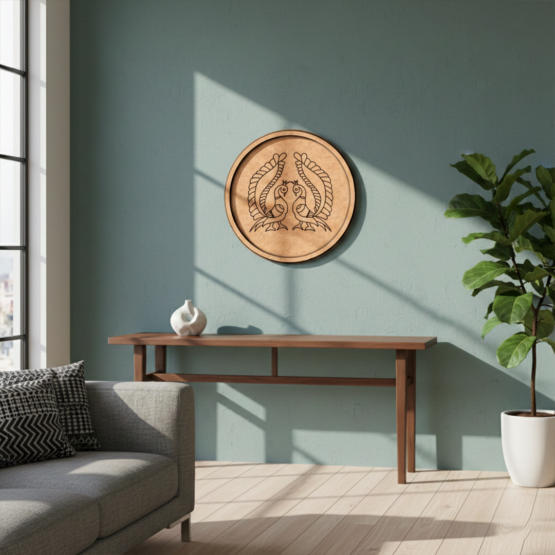 MDF Bordered Pre Marked Twin Peacock Base round board with engraved symmetrical peacock design hanging on a wall