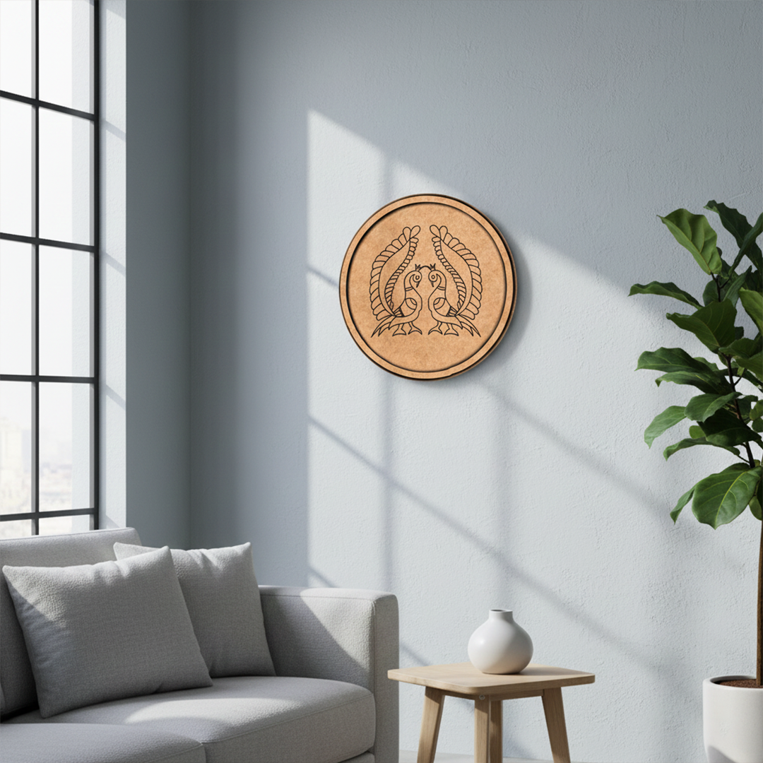 MDF Bordered Pre Marked Twin Peacock Base round board with engraved symmetrical peacock design hanging on a wall