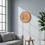 MDF Bordered Pre Marked Twin Peacock Base round board with engraved symmetrical peacock design hanging on a wall