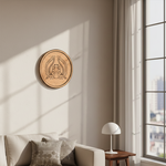 MDF Bordered Pre Marked Twin Peacock Base round board with engraved symmetrical peacock design hanging on a wall