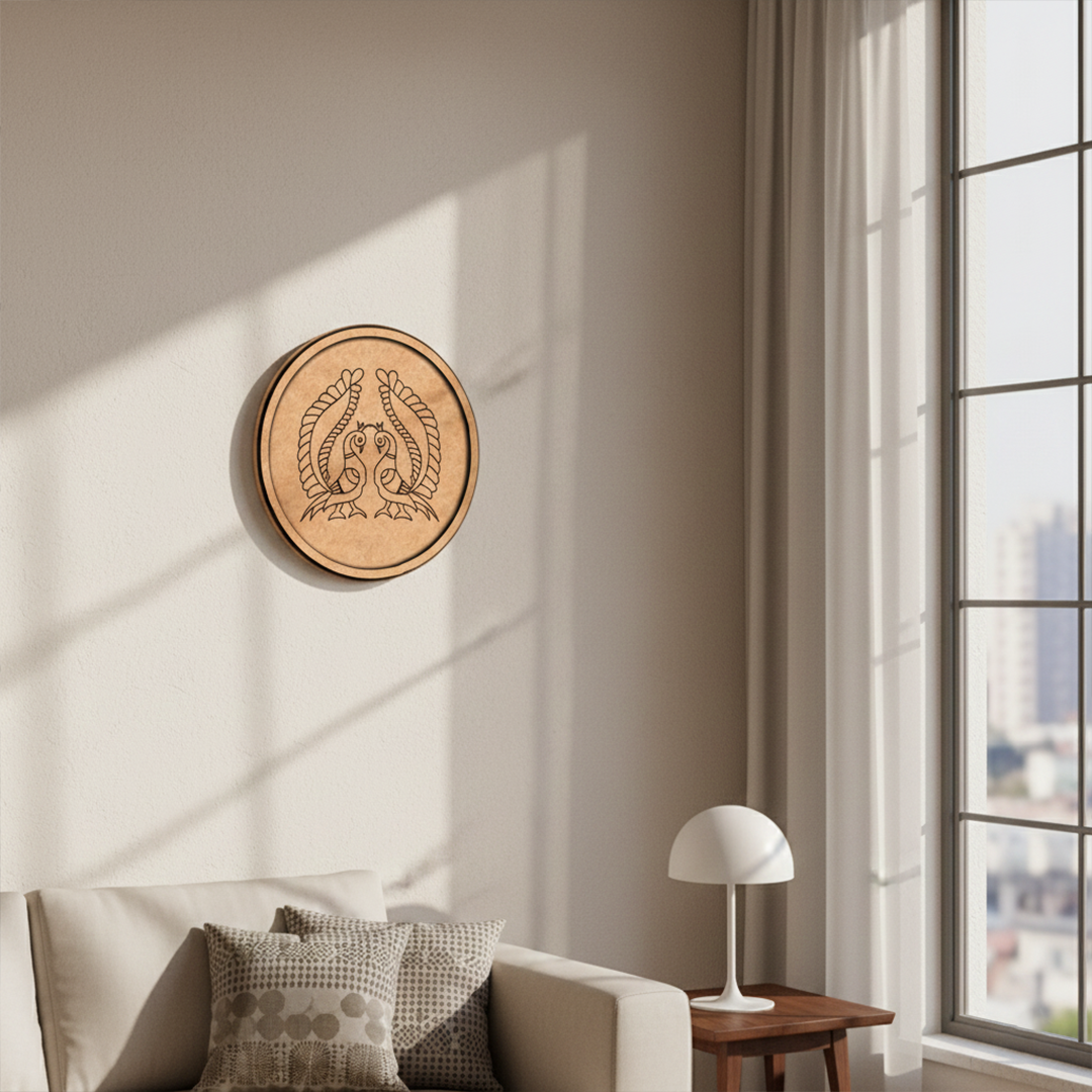 MDF Bordered Pre Marked Twin Peacock Base round board with engraved symmetrical peacock design hanging on a wall