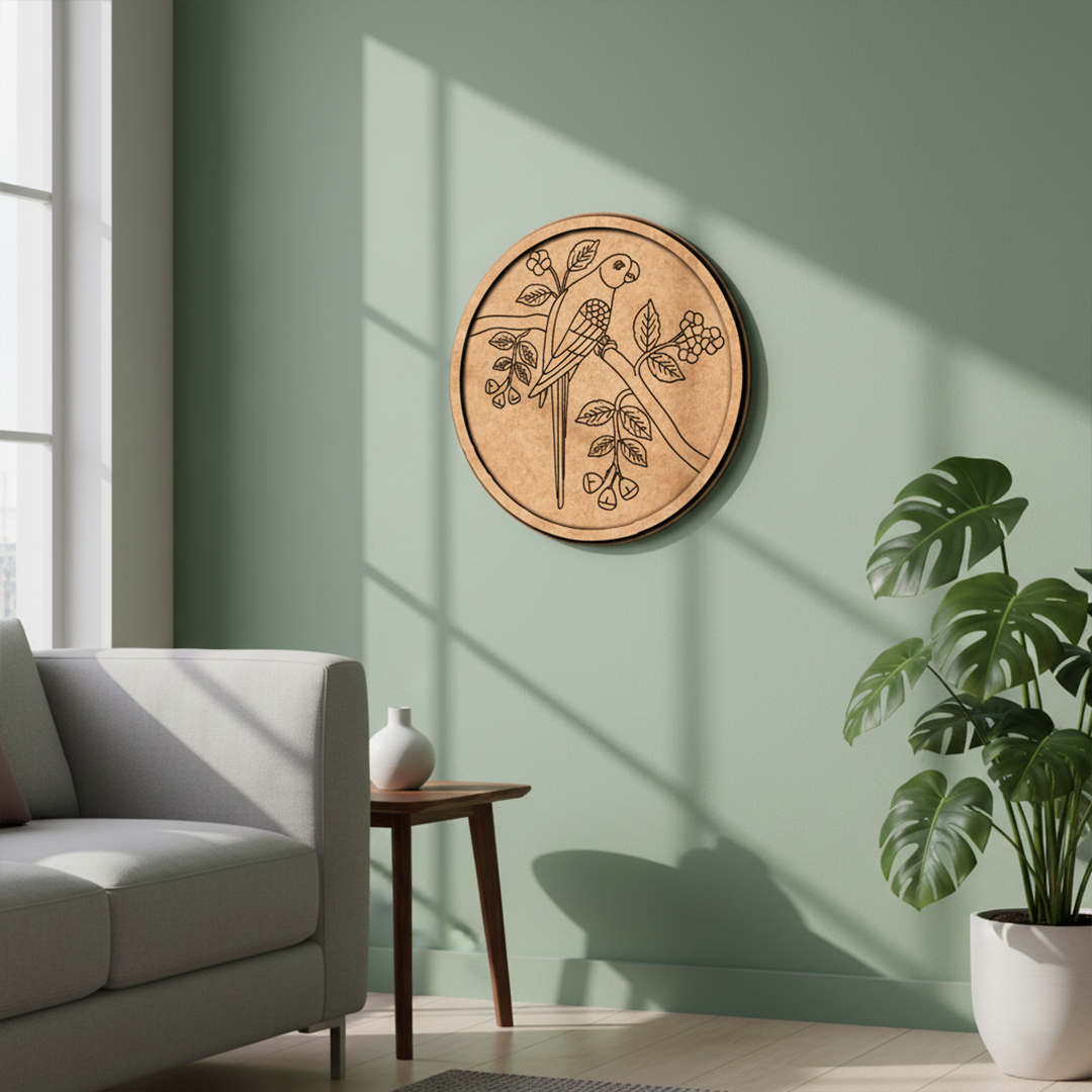 MDF Bordered Pre Marked Parrot Floral Base round board with engraved parrot and flower design hanging on wall