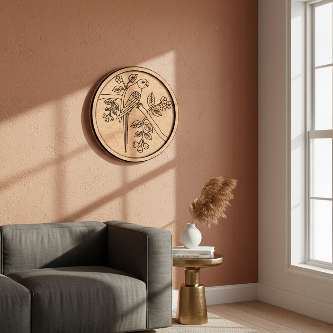 MDF Bordered Pre Marked Parrot Floral Base round board with engraved parrot and flower design hanging on wall