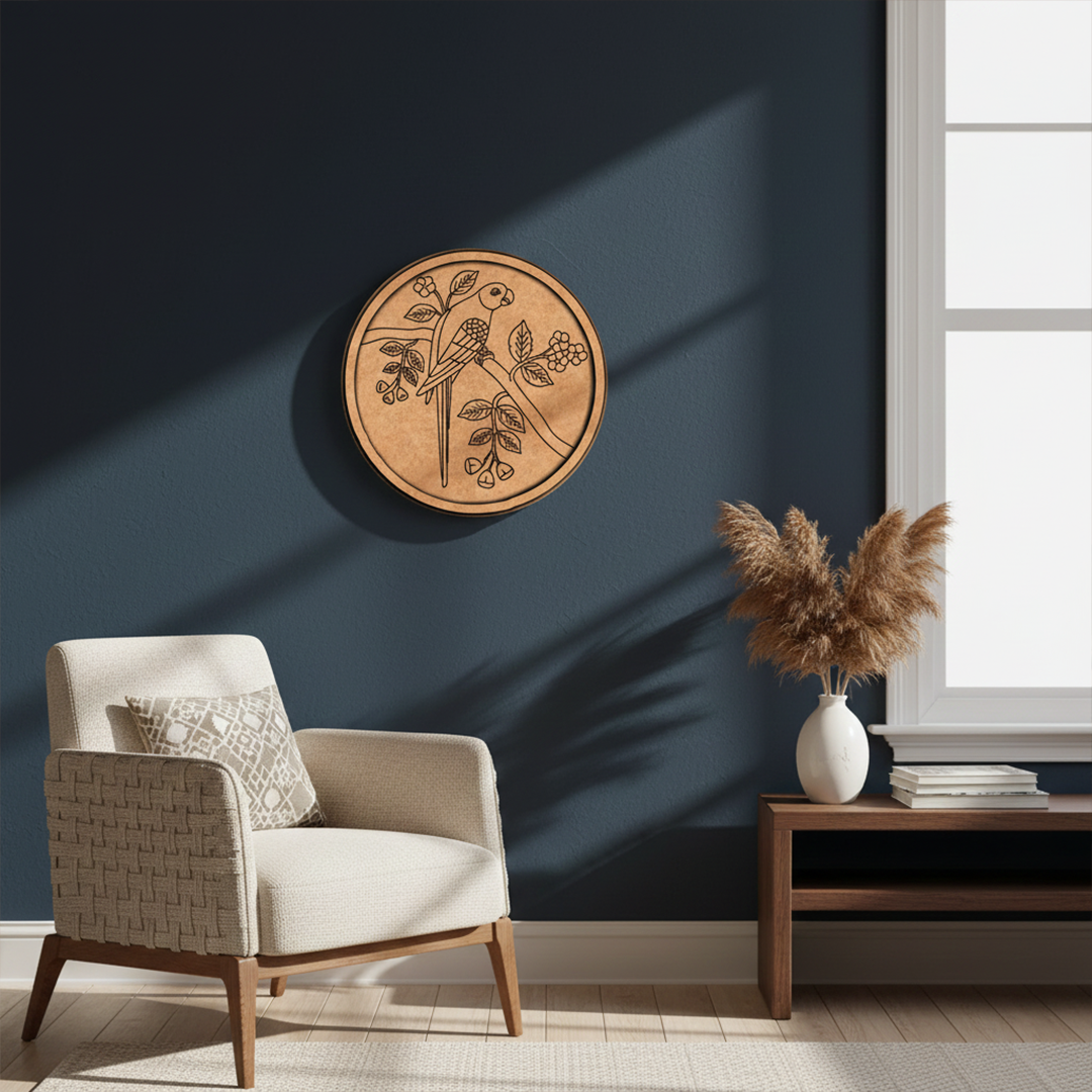 MDF Bordered Pre Marked Parrot Floral Base round board with engraved parrot and flower design hanging on wall