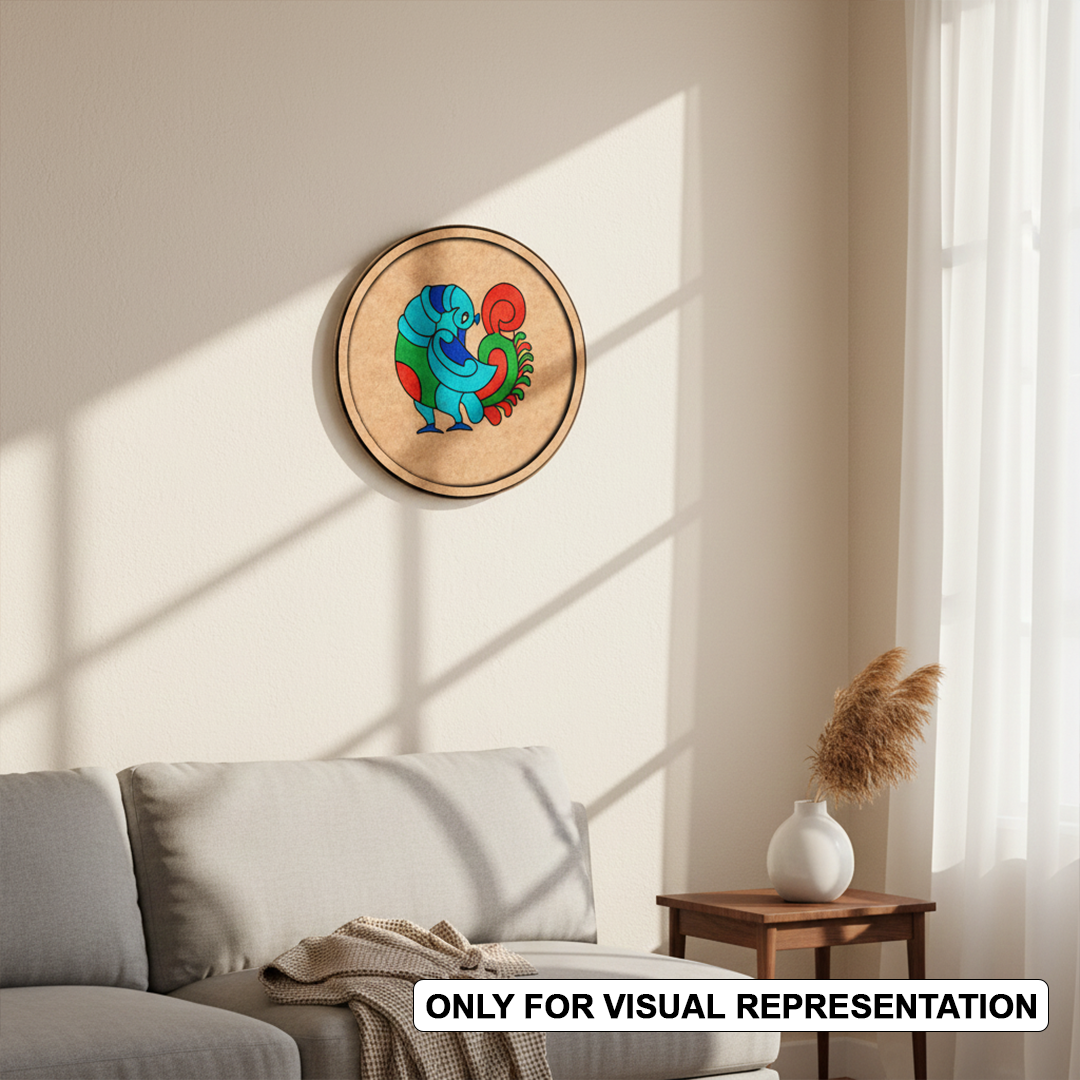 MDF Bordered painted Pre Marked Abstract Peacock Base round board with engraved modern peacock design hanging on wall