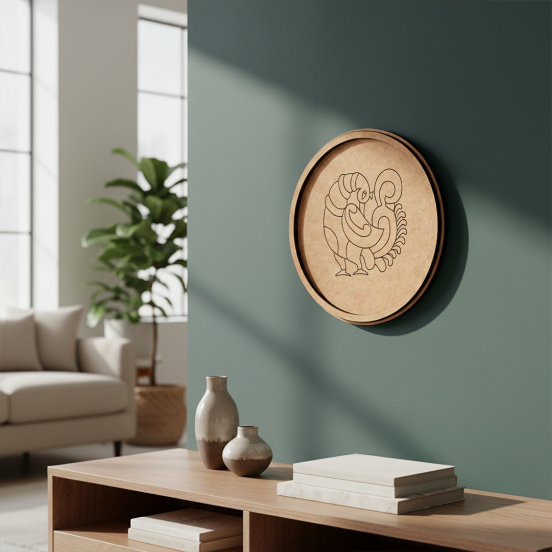 MDF Bordered Pre Marked Abstract Peacock Base round board with engraved modern peacock design hanging on wall