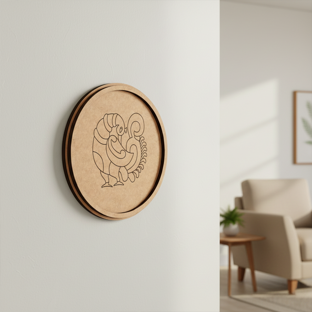 MDF Bordered Pre Marked Abstract Peacock Base round board with engraved modern peacock design hanging on wall