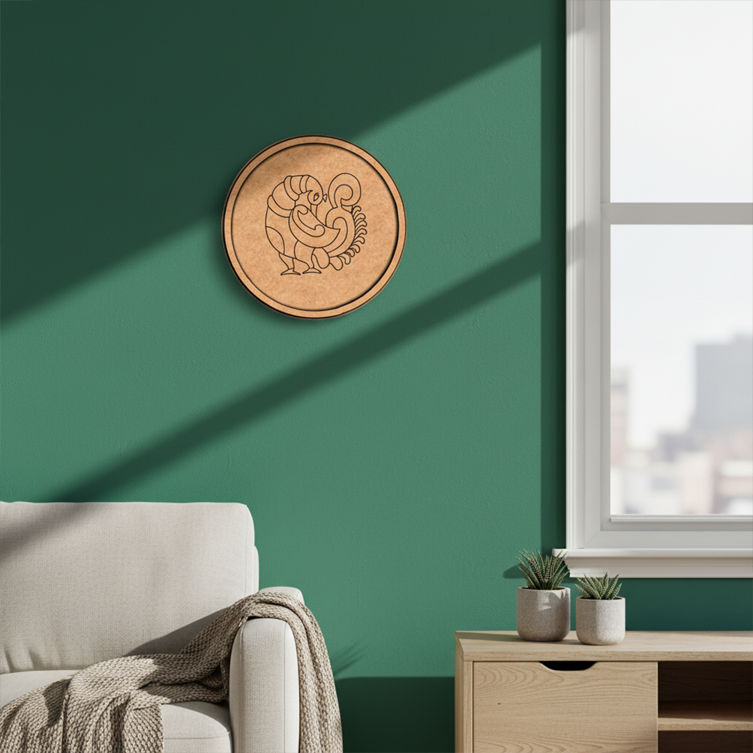 MDF Bordered Pre Marked Abstract Peacock Base round board with engraved modern peacock design hanging on wall