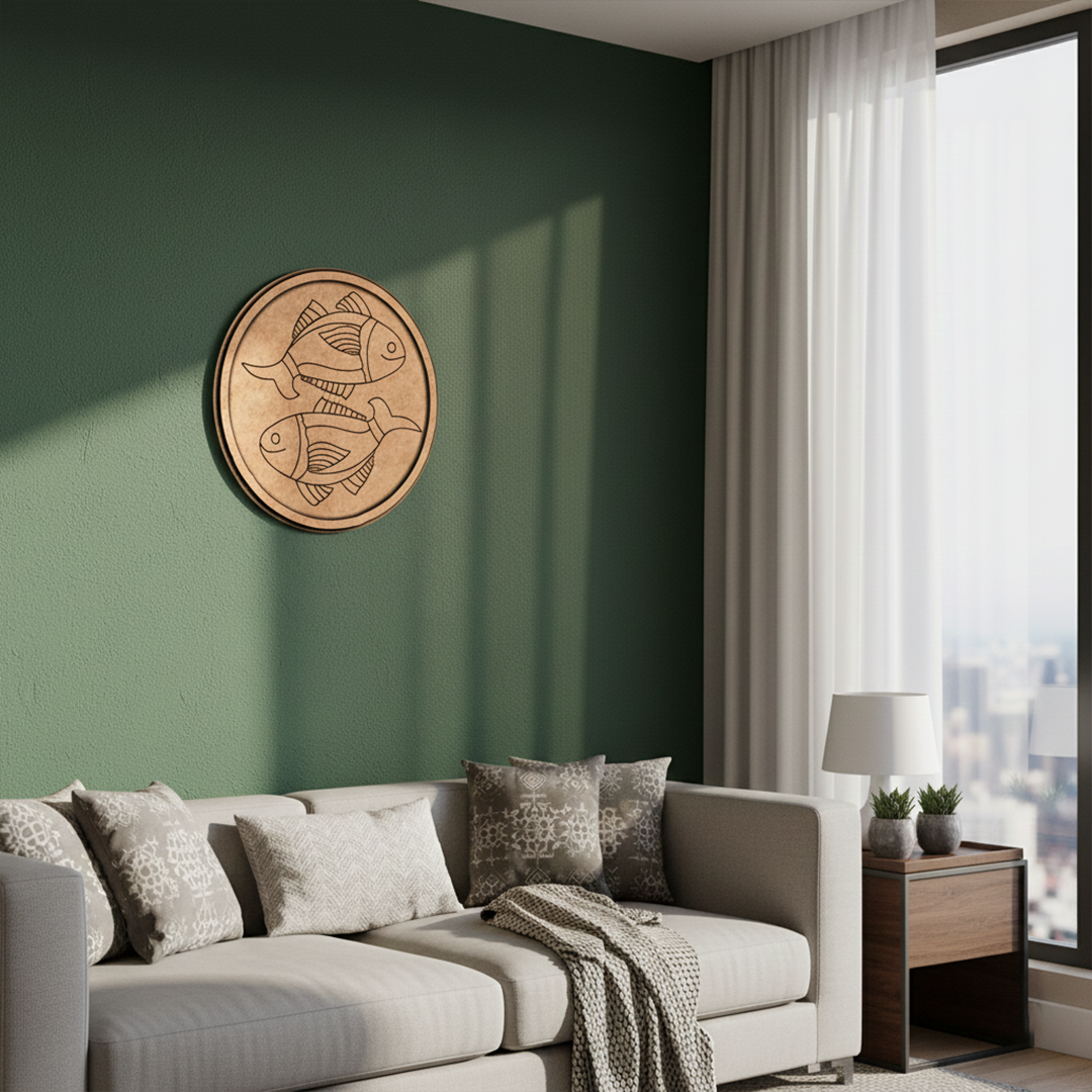 MDF Bordered Pre Marked Twin Fish Base for Painting round board with engraved fish design hanging on a wall