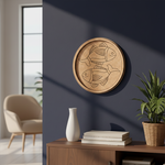 MDF Bordered Pre Marked Twin Fish Base for Painting round board with engraved fish design hanging on a wall