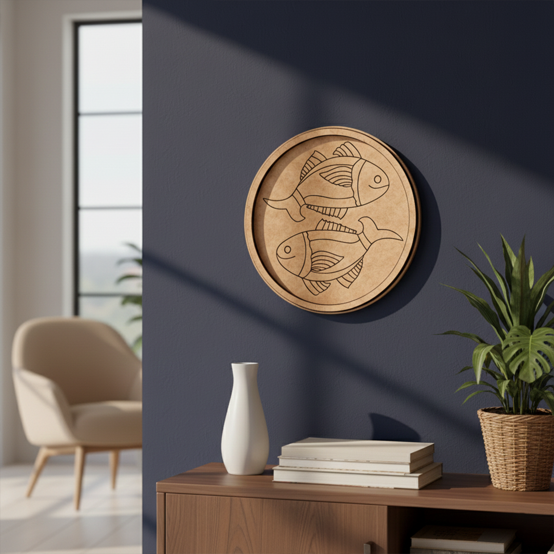 MDF Bordered Pre Marked Twin Fish Base for Painting round board with engraved fish design hanging on a wall