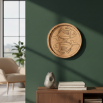 MDF Bordered Pre Marked Twin Fish Base for Painting round board with engraved fish design hanging on a wall