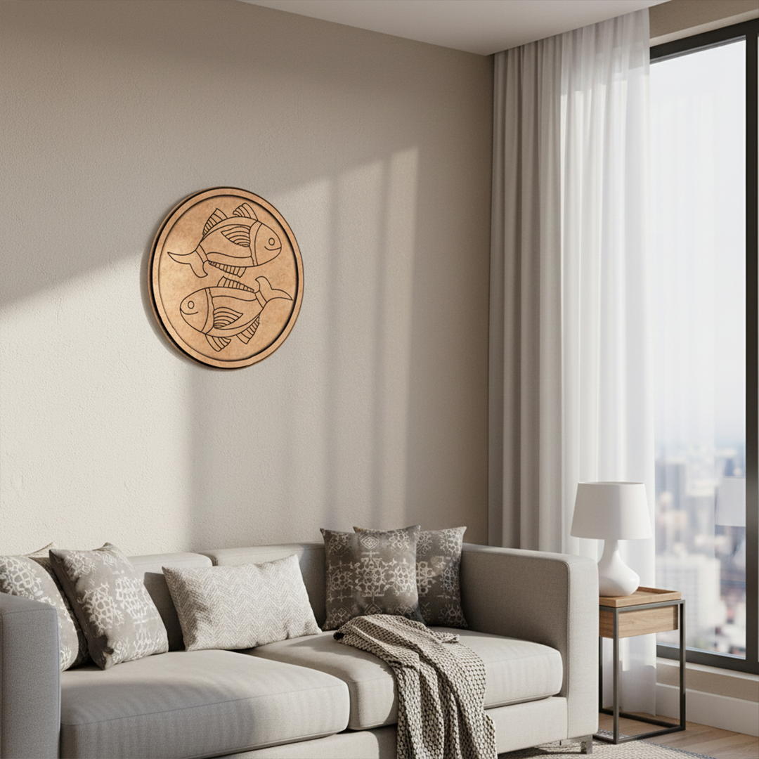 MDF Bordered Pre Marked Twin Fish Base for Painting round board with engraved fish design hanging on a wall