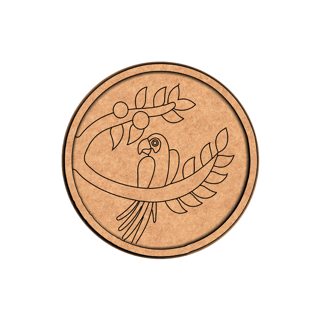 MDF Bordered Pre Marked Curved Parrot Base round board with engraved parrot sitting on branch design