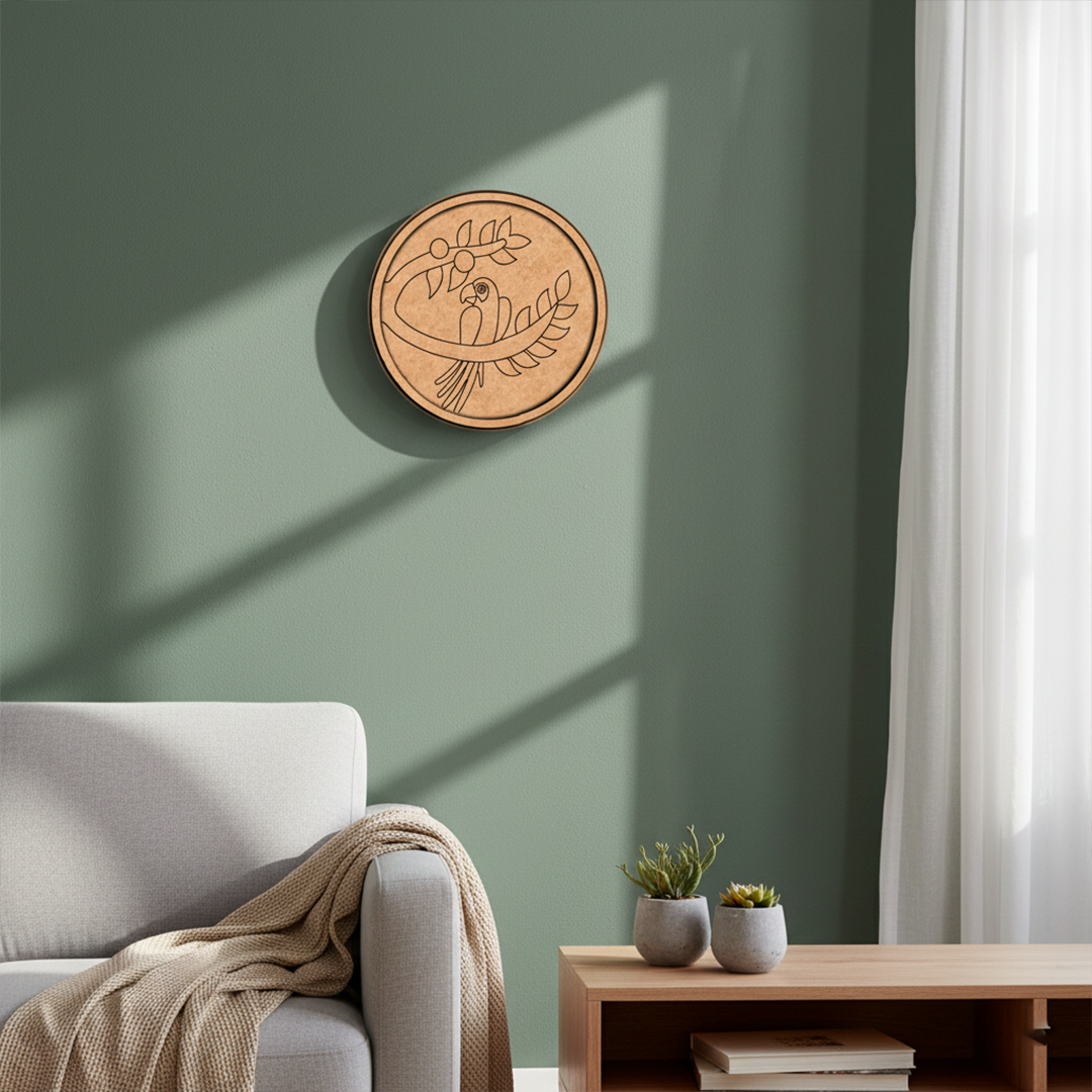 MDF Bordered Pre Marked Curved Parrot Base round board with engraved parrot sitting on branch design hanging on a wall