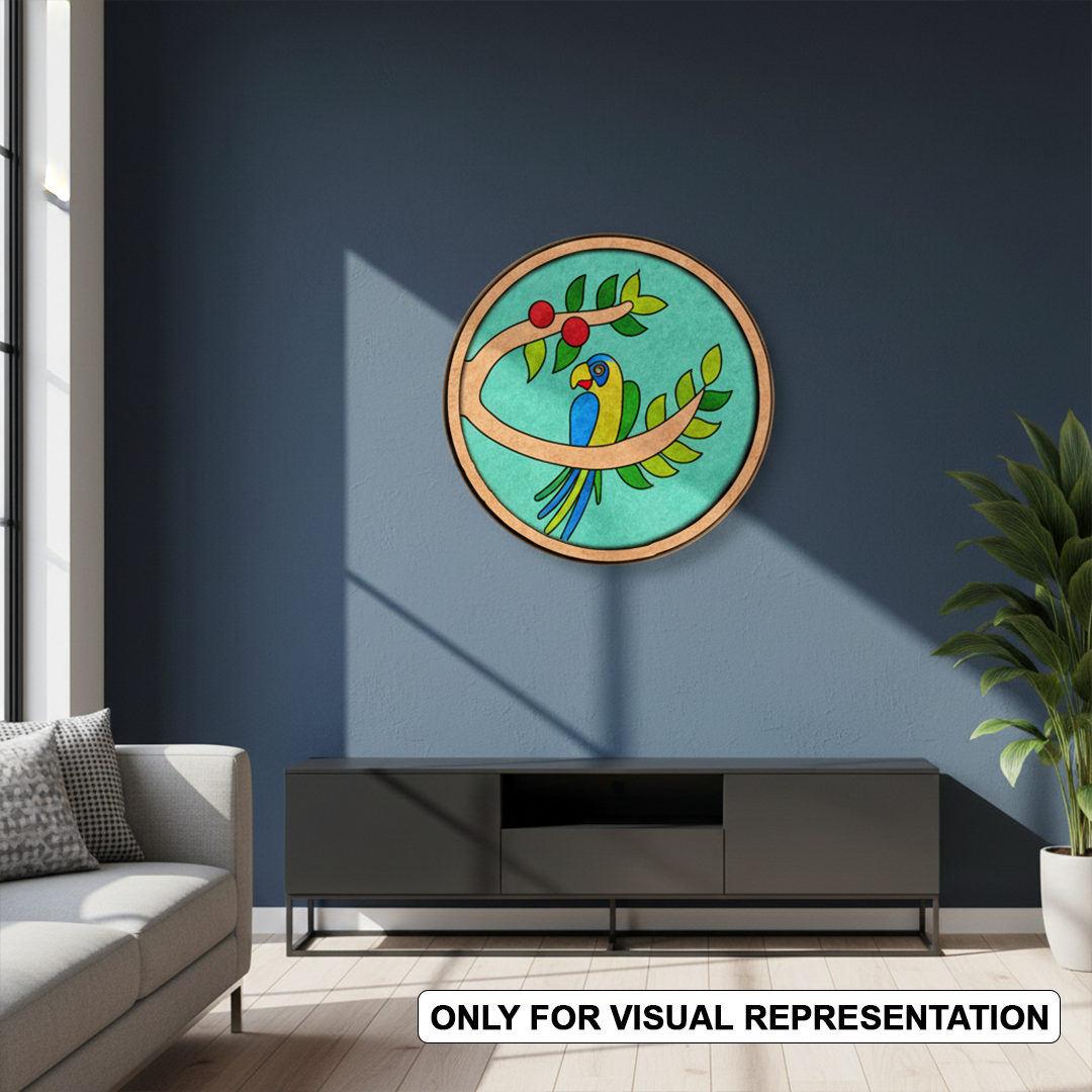 MDF Bordered painted Pre Marked Curved Parrot Base round board with engraved parrot sitting on branch design hanging on a wall