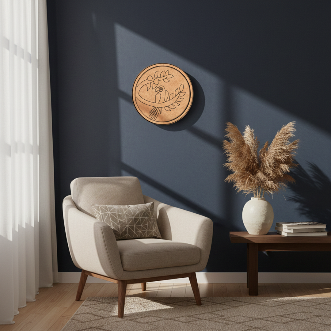 MDF Bordered Pre Marked Curved Parrot Base round board with engraved parrot sitting on branch design hanging on a wall