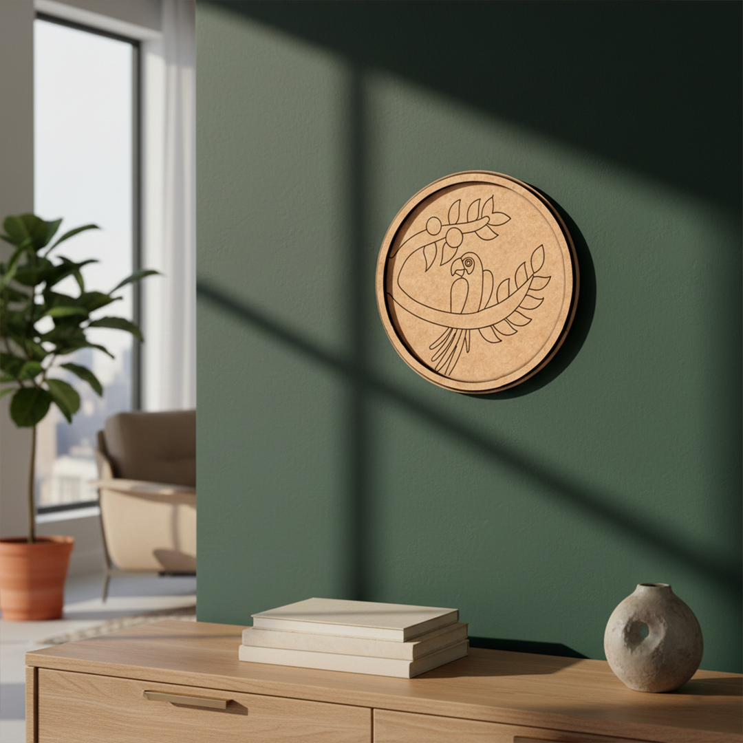 MDF Bordered Pre Marked Curved Parrot Base round board with engraved parrot sitting on branch design hanging on a wall