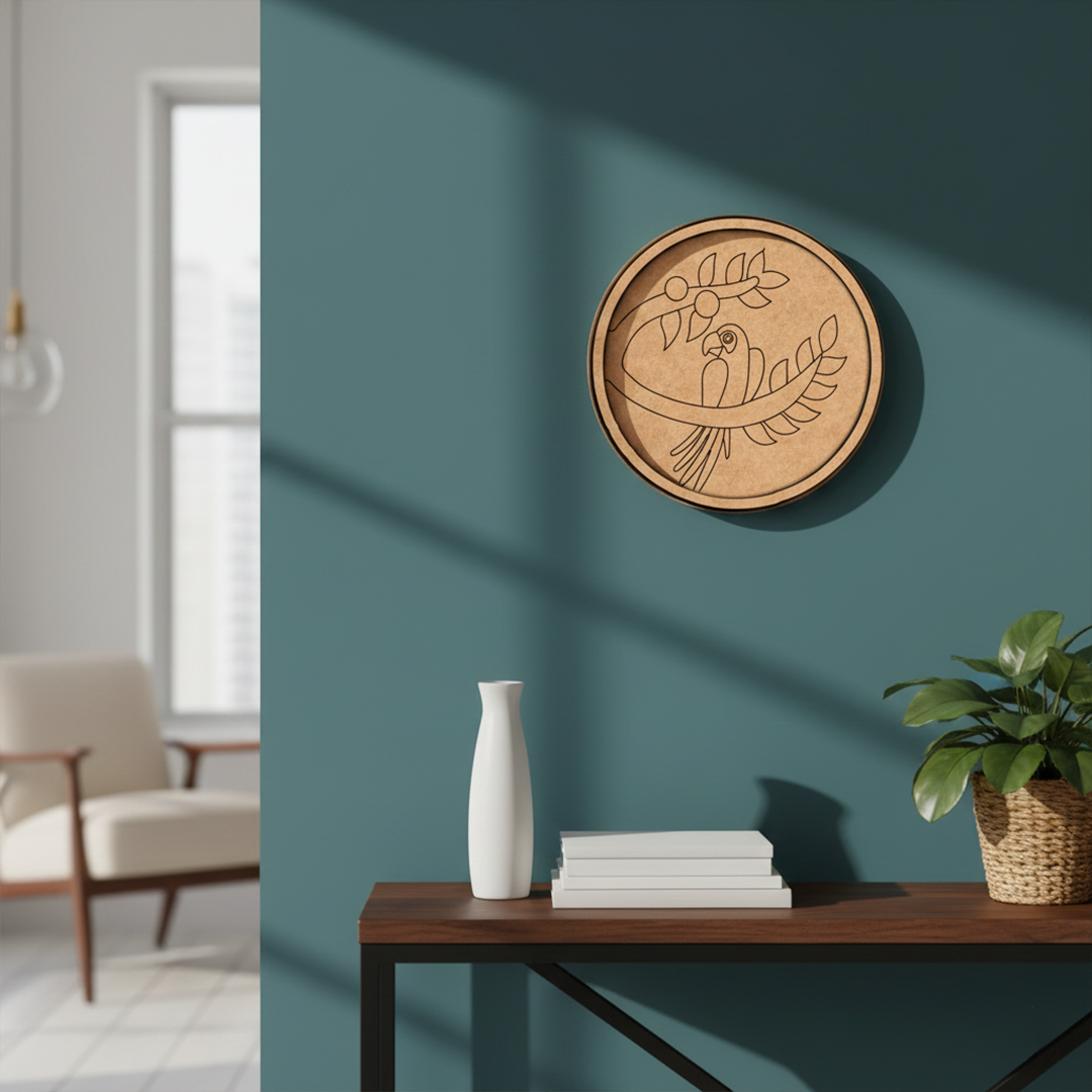 MDF Bordered Pre Marked Curved Parrot Base round board with engraved parrot sitting on branch design hanging on a wall