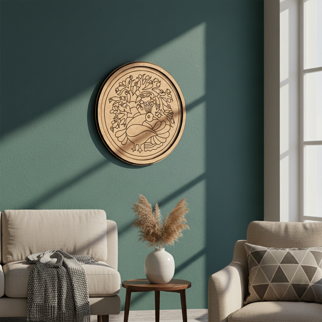MDF Bordered Pre Marked Peacock Garden Base round board with engraved peacock and floral design hanging on a wall