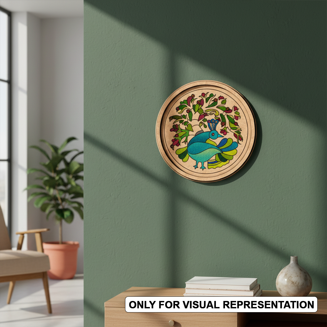 MDF Bordered painted  Pre Marked Peacock Garden Base round board with engraved peacock and floral design hanging on a wall