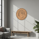 MDF Bordered Pre Marked Peacock Garden Base round board with engraved peacock and floral design hanging on a wall