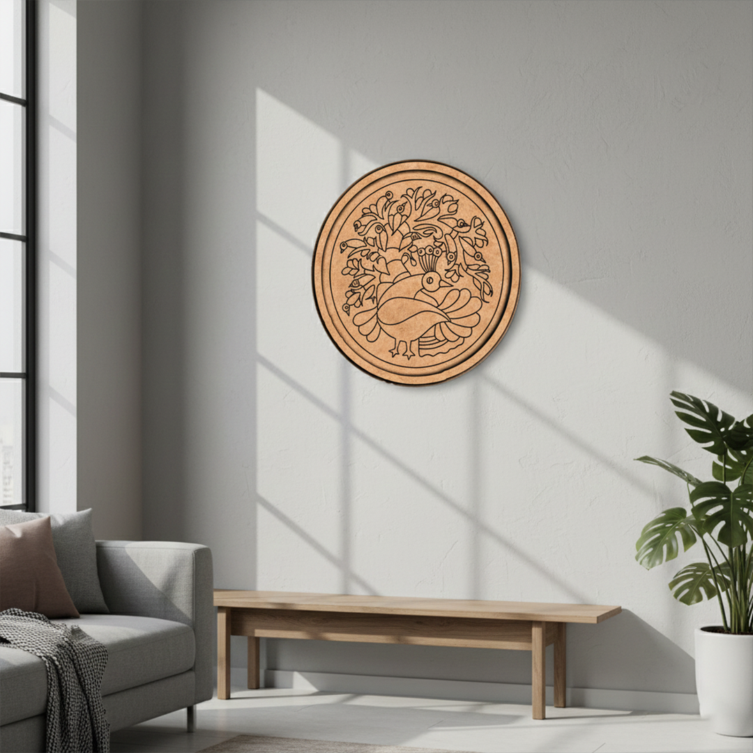 MDF Bordered Pre Marked Peacock Garden Base round board with engraved peacock and floral design hanging on a wall