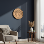 MDF Bordered Pre Marked Peacock Garden Base round board with engraved peacock and floral design hanging on a wall