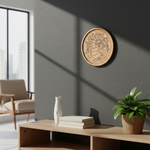 MDF Bordered Pre Marked Peacock Garden Base round board with engraved peacock and floral design hanging on a wall