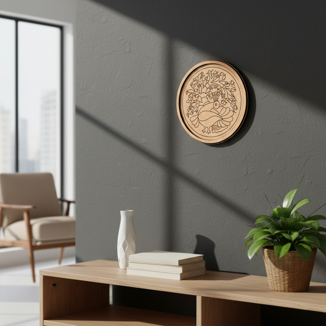 MDF Bordered Pre Marked Peacock Garden Base round board with engraved peacock and floral design hanging on a wall