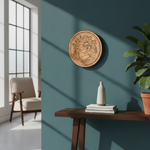 MDF Bordered Pre Marked Peacock Garden Base round board with engraved peacock and floral design hanging on a wall