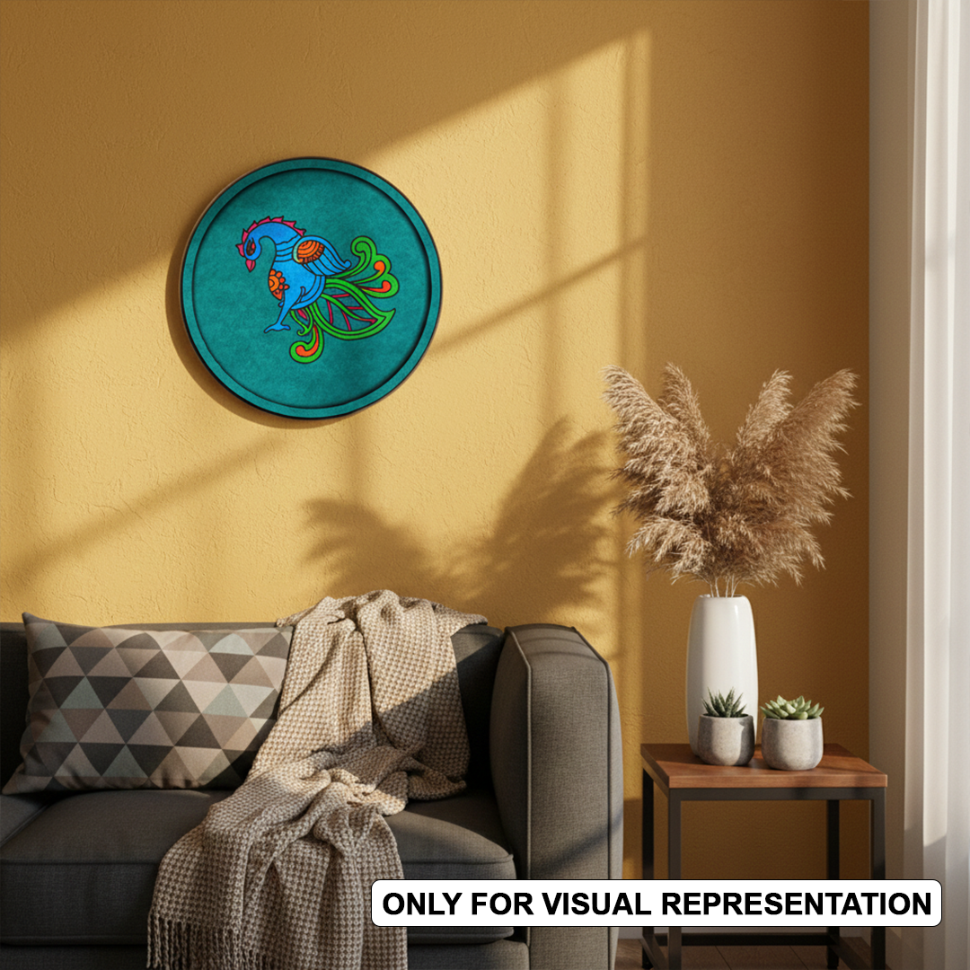 MDF Bordered painted Pre Marked Elegant Peacock Base round board with engraved peacock design hanging on a wall