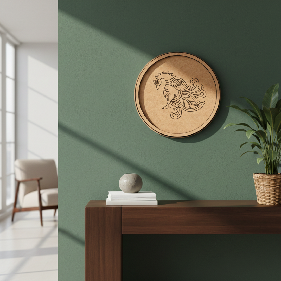 MDF Bordered Pre Marked Elegant Peacock Base round board with engraved peacock design hanging on a wall